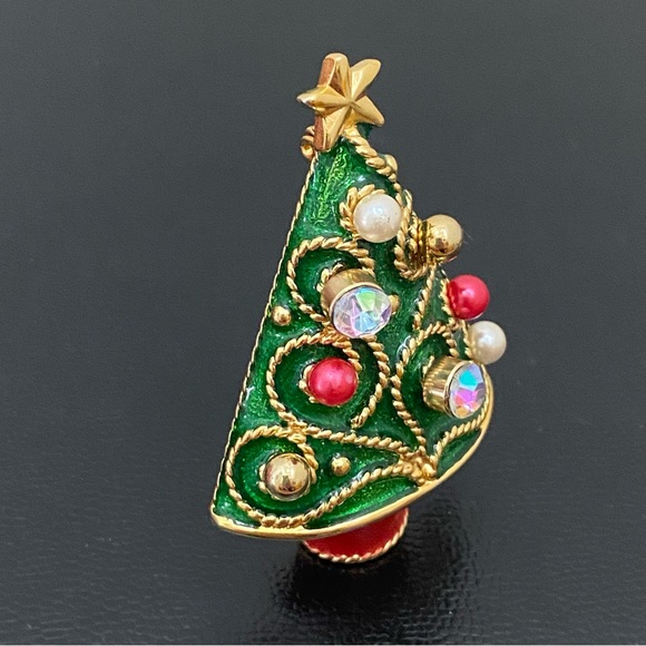 Vintage Unsigned Enamel Christmas Tree w/ 4pairs Of Earrings Holder Brooch Set - Picture 3 of 13